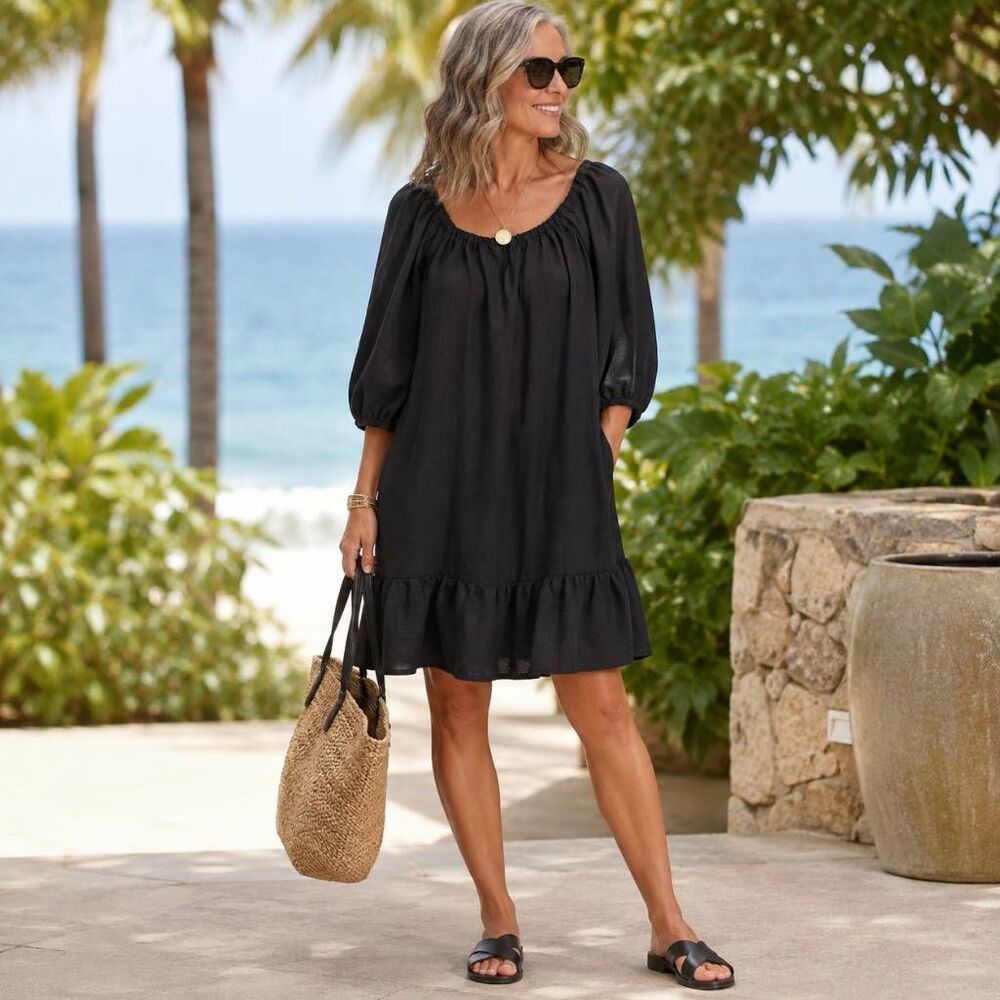 Tommy Bahama Womens Linen Blend St. Lucia Off Shoulder Tiered Dress Black XL